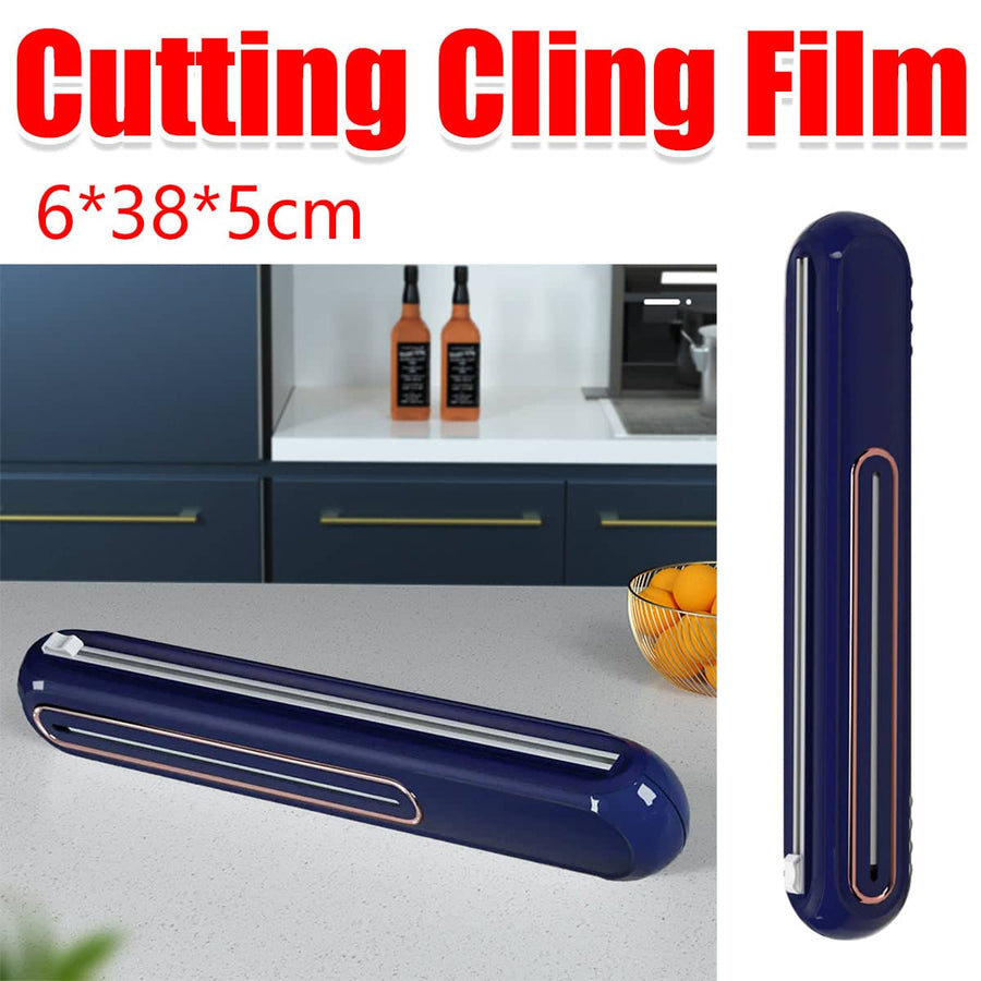 Plastic Wrap Cutter with Double Sided Sliding Blades and Wall Suction Mount, Blue