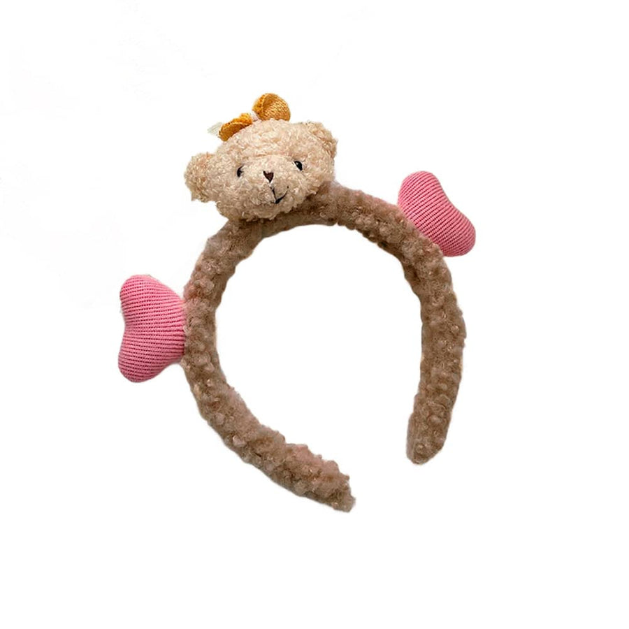Plush Bear Headband with Heart Accents for Makeup and Face Washing - Brown