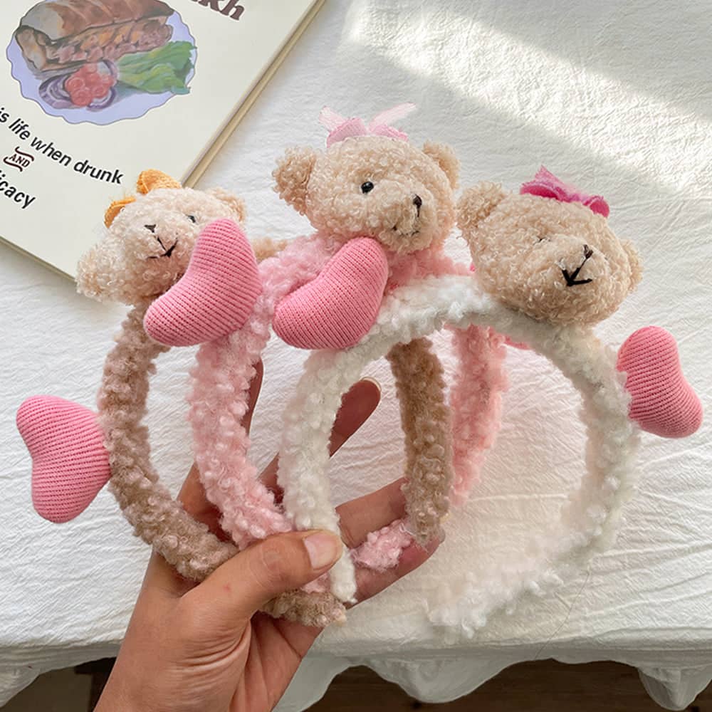 Plush Bear Headband with Heart Accents for Makeup and Face Washing - Brown - view 5