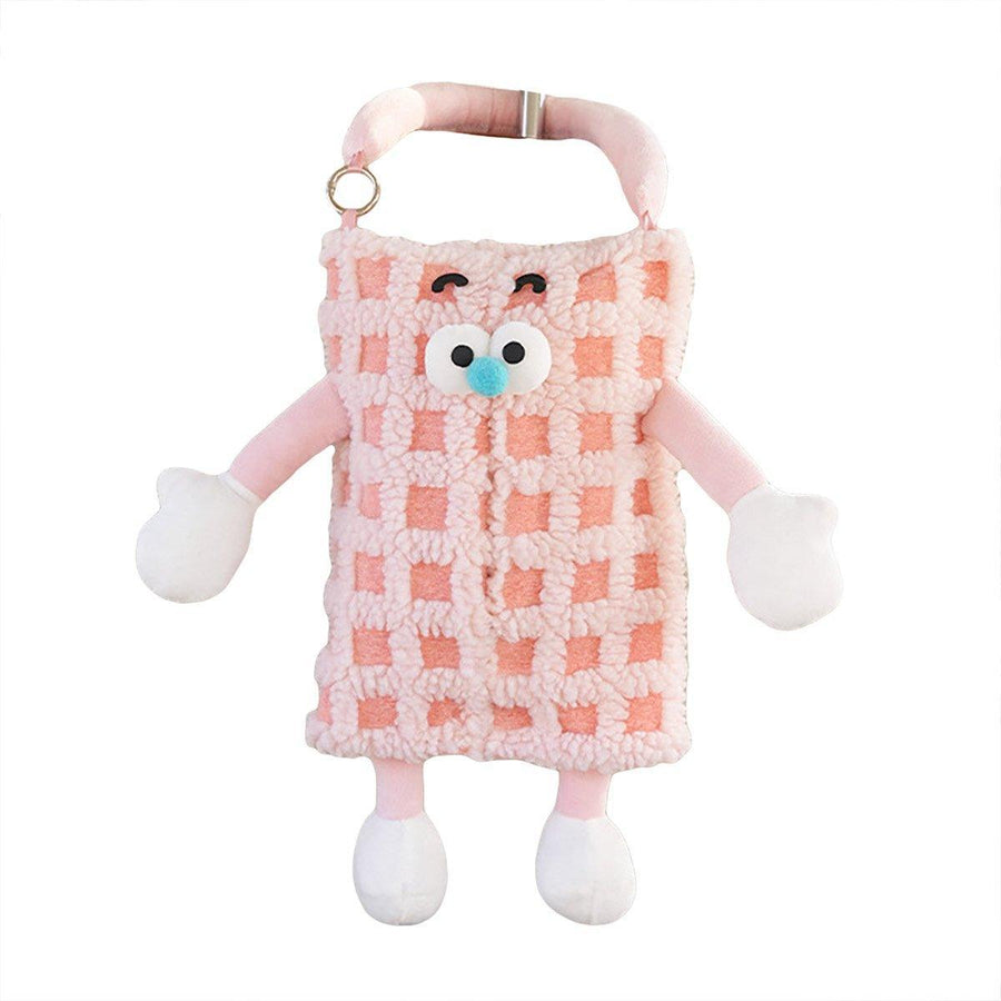 Plush Car Tissue Box, Striped Plaid Seat Back Hanging Holder - Pink