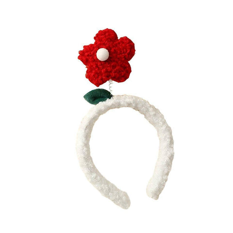 Plush Flower Headband with Lamb Wool Trim - Red