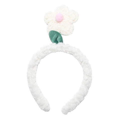 Plush Flower Headband with Lamb Wool Trim - White
