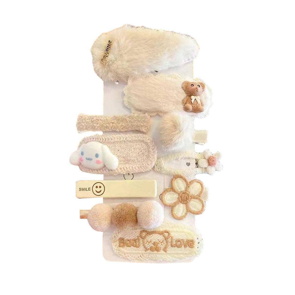 Plush Hair Clip Set for Kids - Beige and Cream, Teddy and Flower Designs