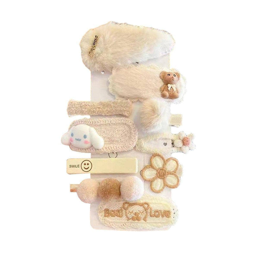 Plush Hair Clip Set for Kids - Beige and Cream, Teddy and Flower Designs