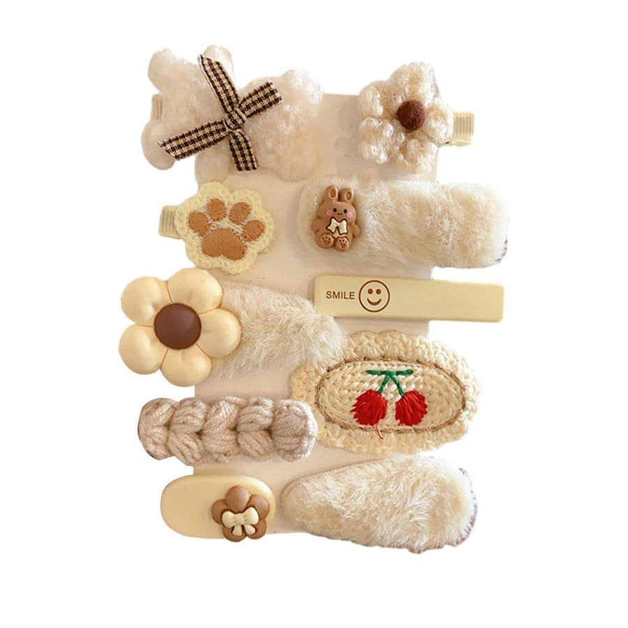 Plush Hair Clip Set for Kids - White and Brown, Cherry and Paw Print Designs