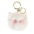 Plush Kitten Head Keychain with Rabbit Hair Pompom for Bags - White and Pink