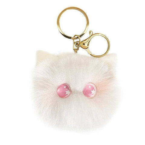 Plush Kitten Head Keychain with Rabbit Hair Pompom for Bags - White and Pink