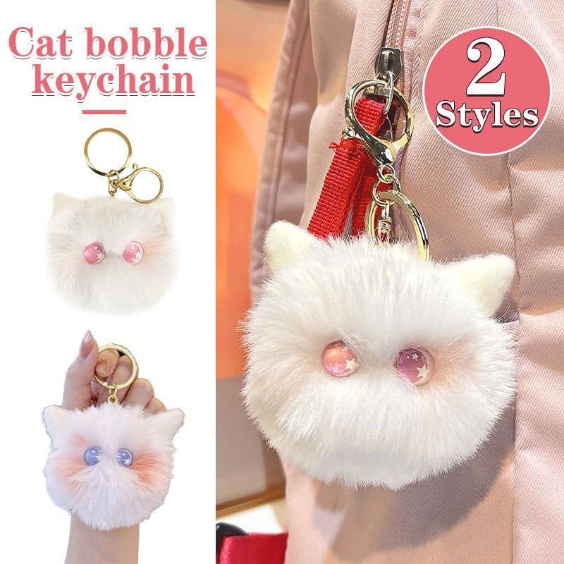 Plush Kitten Head Keychain with Rabbit Hair Pompom for Bags - White and Pink - view 2