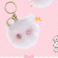 Plush Kitten Head Keychain with Rabbit Hair Pompom for Bags - White and Pink - view 4