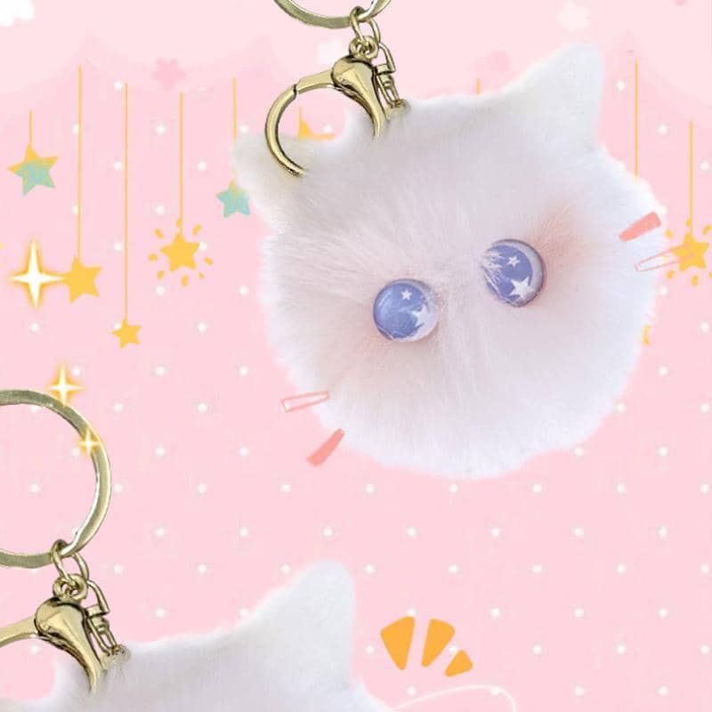 Plush Kitten Head Keychain with Rabbit Hair Pompom for Bags - White and Pink - view 5