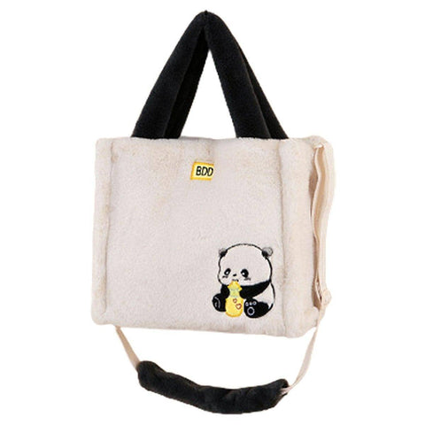 Plush Panda Crossbody Bag with Black Handles - Cream