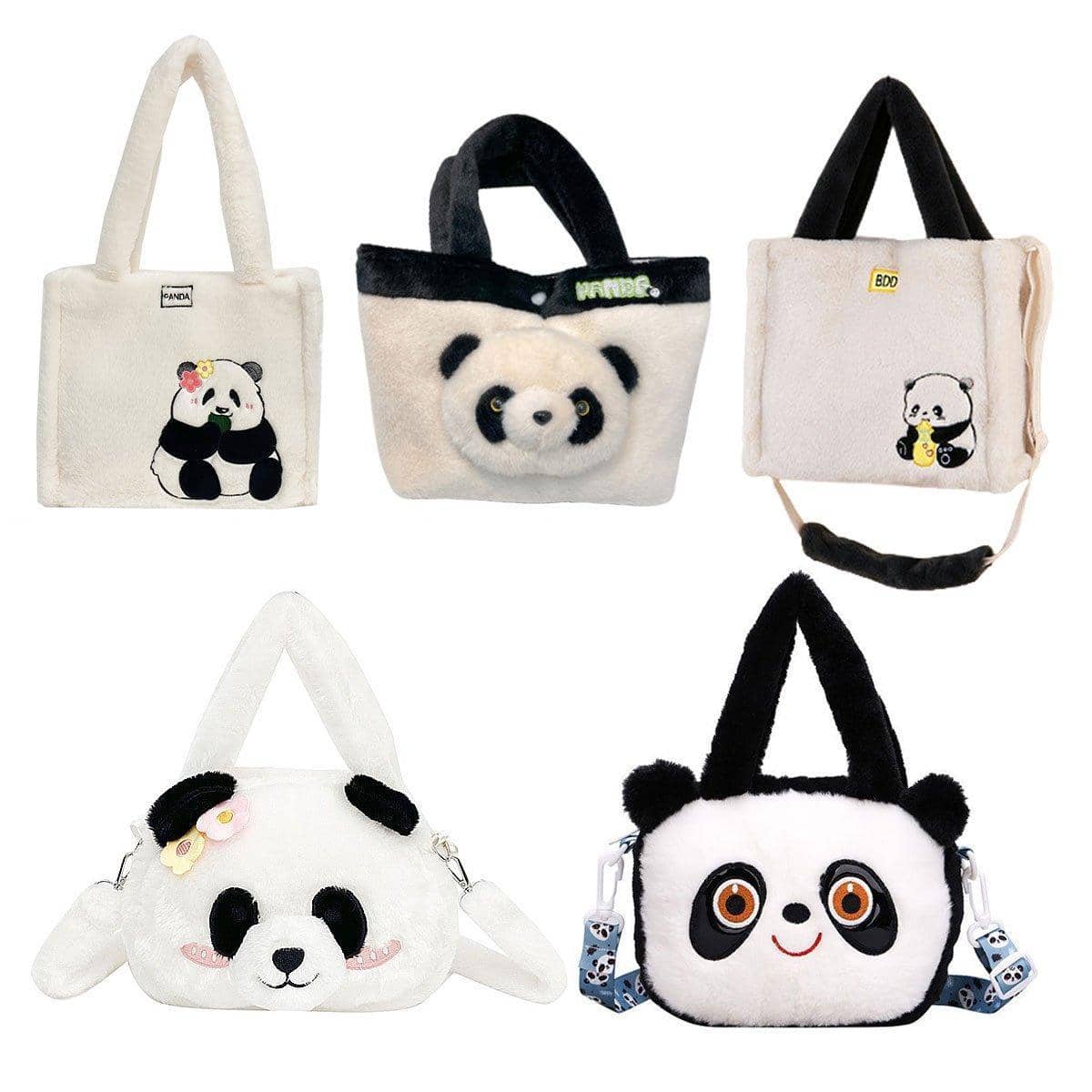 Plush Panda Crossbody Bag with Black Handles - Cream - view 3