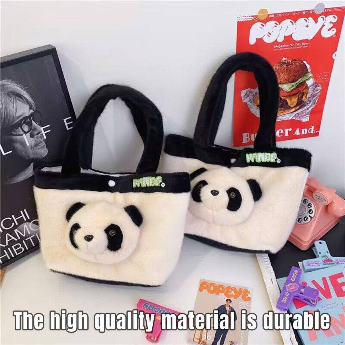 Plush Panda Crossbody Bag with Black Handles - Cream - view 5
