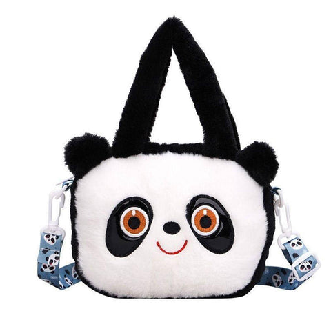 Plush Panda Face Crossbody Bag with Patterned Strap - Black and White