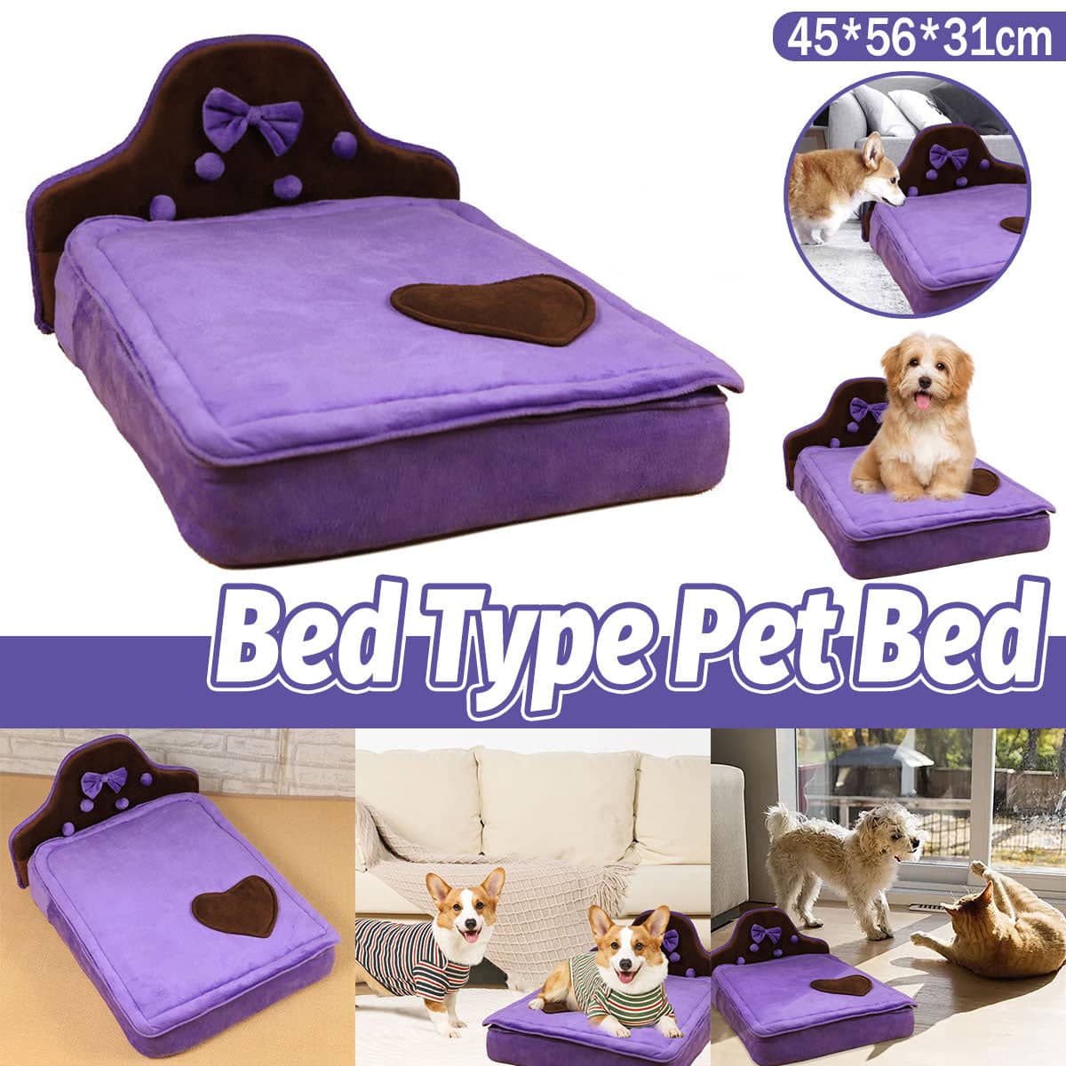 Plush Pet Bed Sofa for Small Dogs and Cats, Removable Zip Bedboard, 45 x 56 x 31 cm - Purple