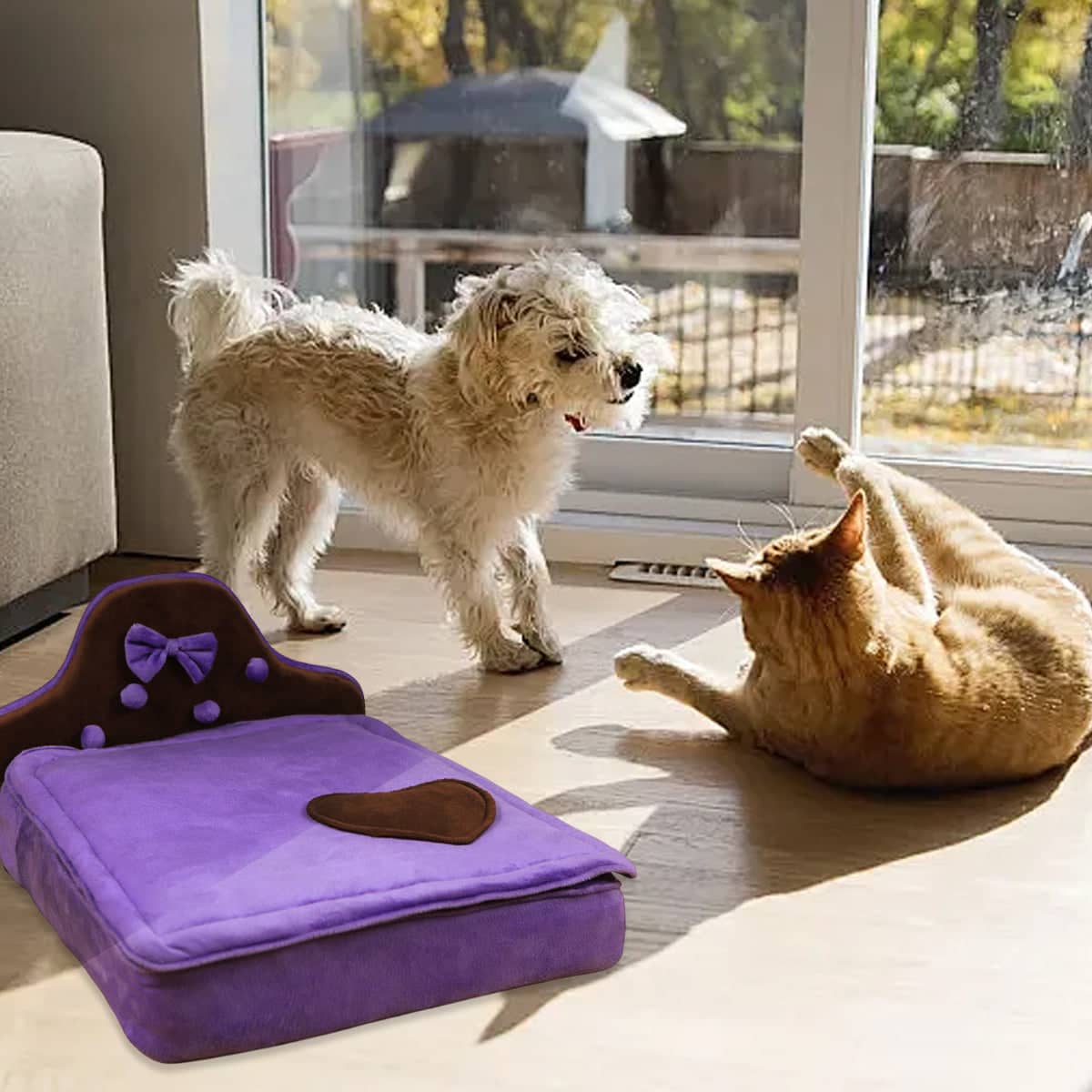 Plush Pet Bed Sofa for Small Dogs and Cats, Removable Zip Bedboard, 45 x 56 x 31 cm - Purple - view 5