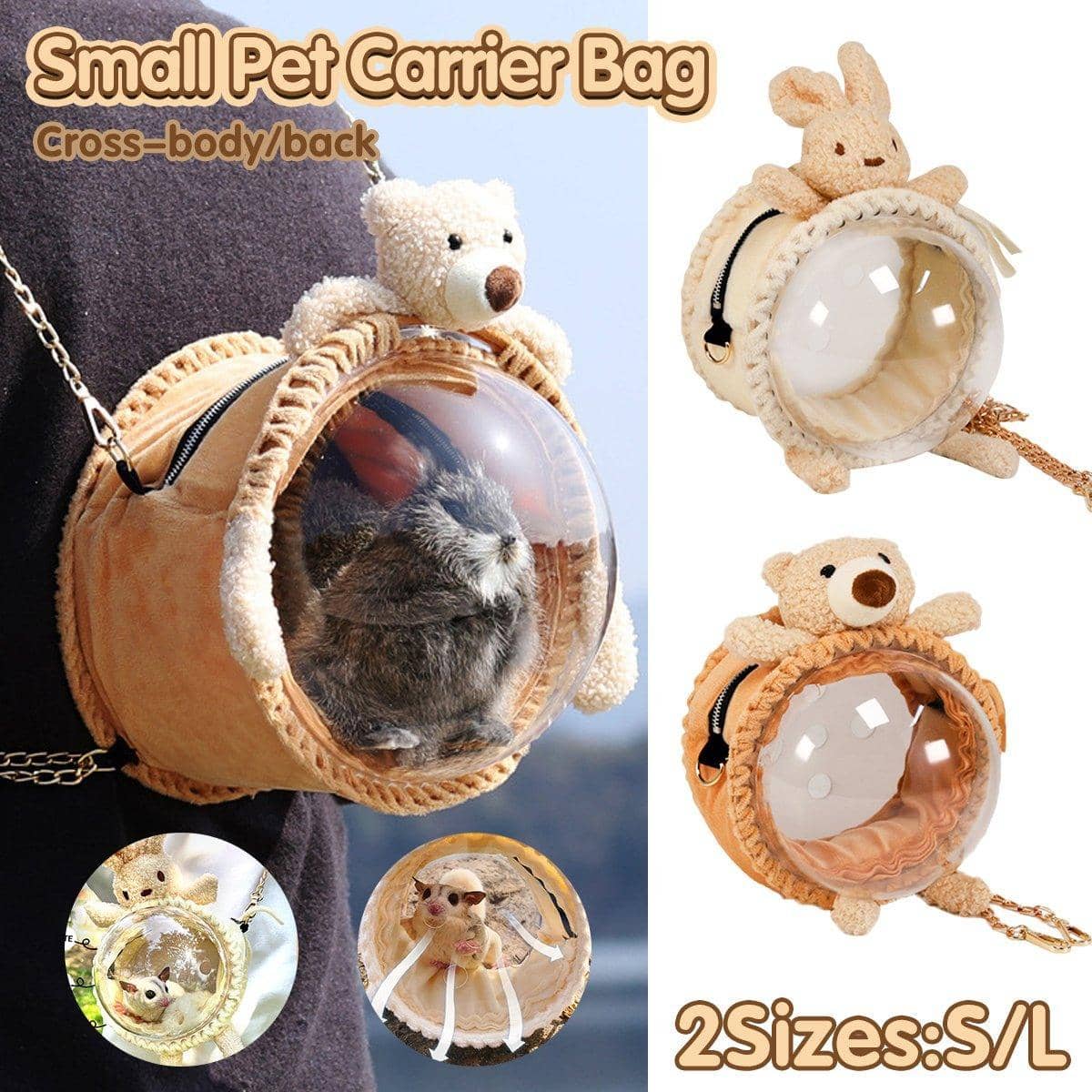 Plush Pet Carrier Bag with Clear Window for Hamsters and Small Animals - Large, Cream Rabbit (22 x 23 x 22 cm) - view 2