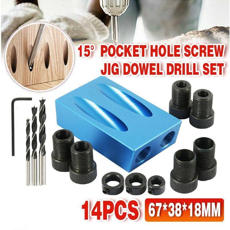 Pocket Hole Screw Jig Kit, Set of 14 with 15 Degree Angle and Dowel Drill