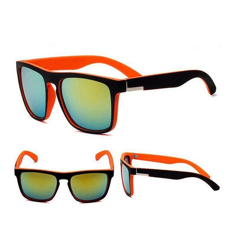 Polarised Square Frame Sunglasses - Style 11, Orange Trim, Yellow-Green Mirrored Lenses
