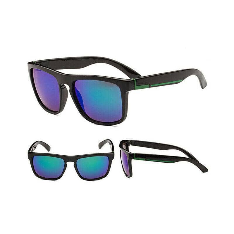 Polarised Square Frame Sunglasses - Style 14, Green Stripe Arms, Blue-Green Mirrored Lenses
