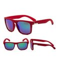 Polarised Square Frame Sunglasses - Style 7, Red Frame, Blue-Green Mirrored Lenses