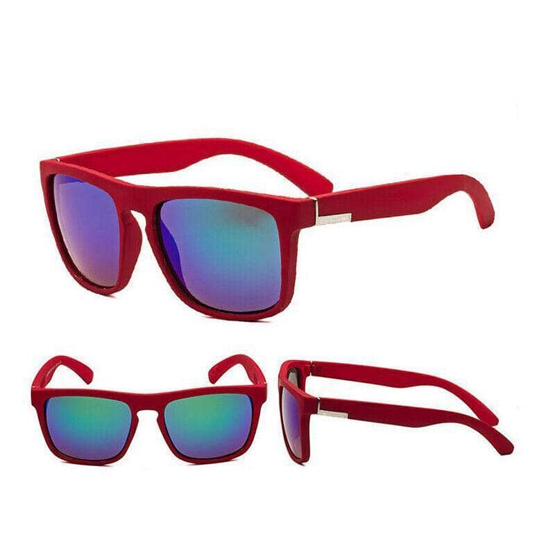 Polarised Square Frame Sunglasses - Style 7, Red Frame, Blue-Green Mirrored Lenses