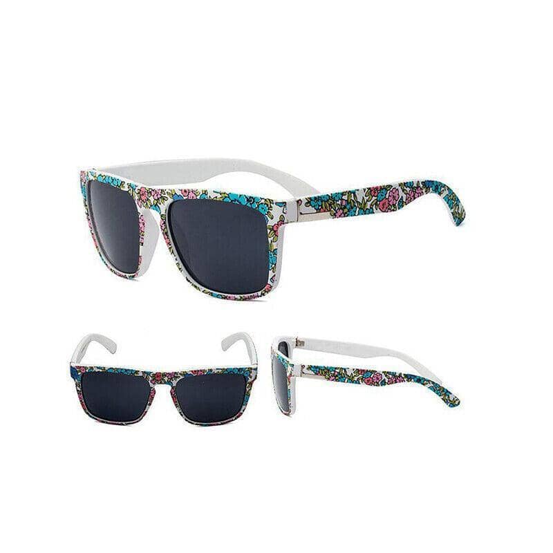 Polarised Square Frame Sunglasses - Style 9, White Floral-Print Frame, Dark Grey Lenses