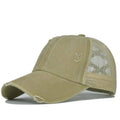 Ponytail Baseball Cap with Mesh Back and Distressed Finish - Khaki