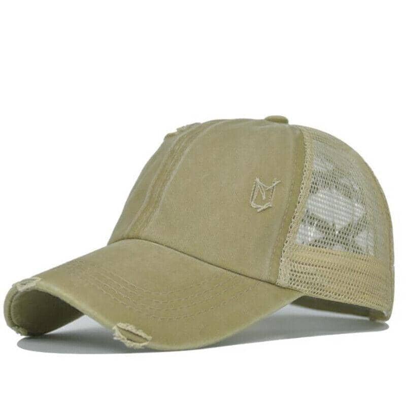 Ponytail Baseball Cap with Mesh Back and Distressed Finish - Khaki