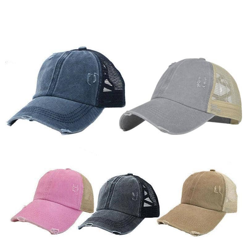 Ponytail Baseball Cap with Mesh Back and Distressed Finish - Khaki - view 3