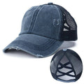 Ponytail Baseball Cap with Mesh Back and Distressed Finish - Khaki - view 4