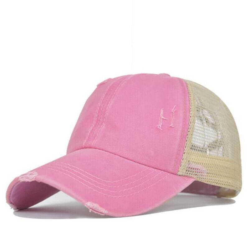 Ponytail Baseball Cap with Mesh Back and Distressed Finish - Pink