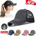 Ponytail Baseball Cap with Mesh Back and Distressed Finish - Pink - view 2