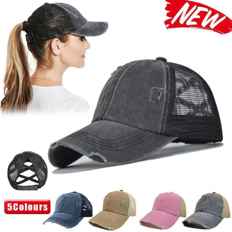 Ponytail Baseball Cap with Mesh Back and Distressed Finish - Pink - view 2