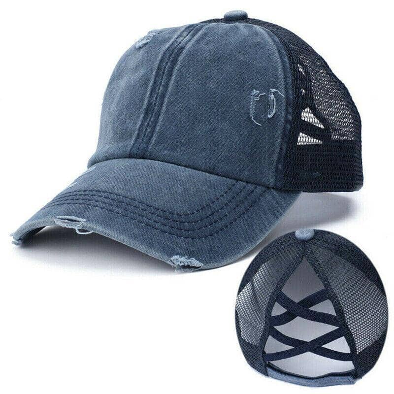 Ponytail Baseball Cap with Mesh Back and Distressed Finish - Pink - view 4