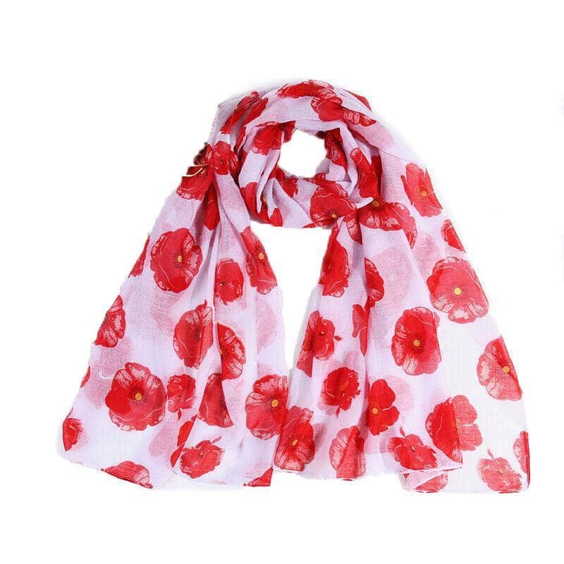 Poppy Print Scarf in Voile, 180 x 90 cm - White