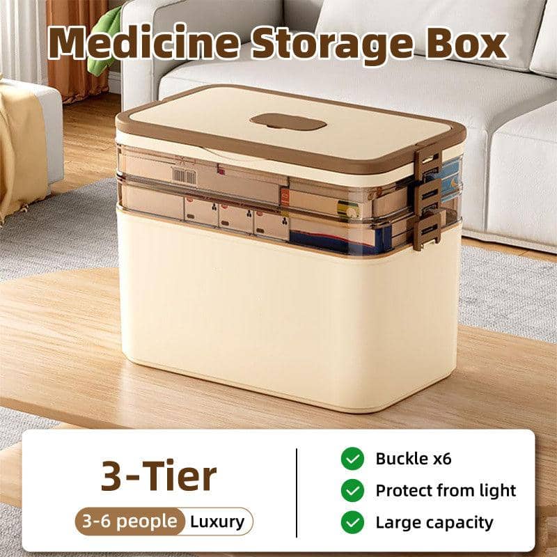 Portable 3 Layer First Aid Storage Box with Six Buckles and Handle