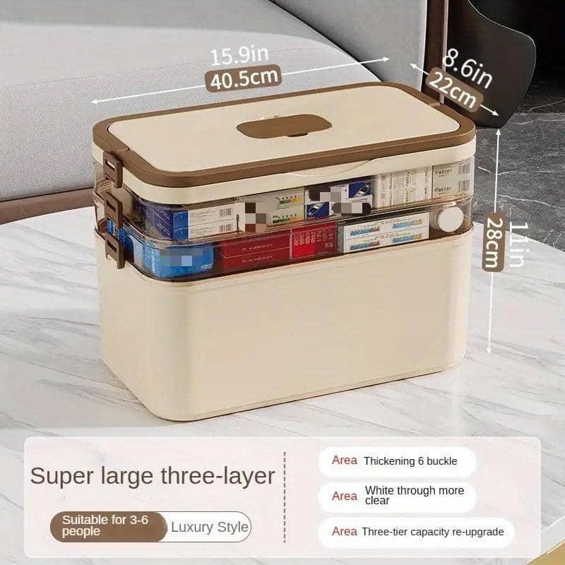 Portable 3 Layer First Aid Storage Box with Six Buckles and Handle - view 3