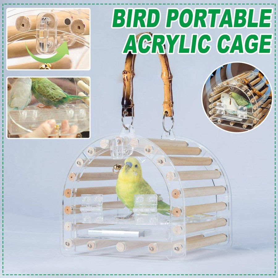 Portable Acrylic Bird Carrier Cage with Wooden Perches and Handle