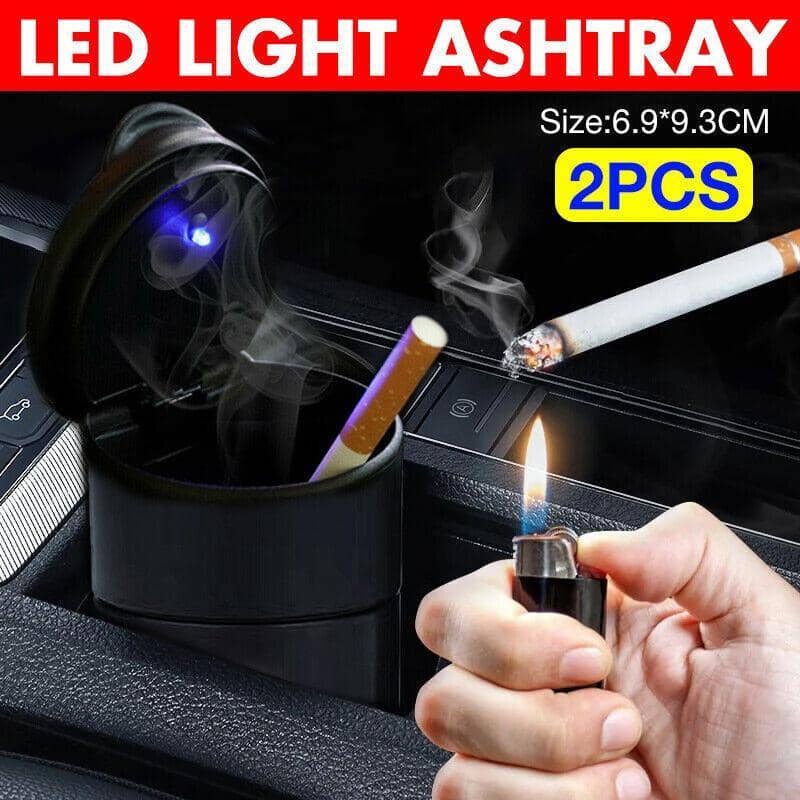 Portable Car Ashtray with LED Light, Pack of 2 - Black