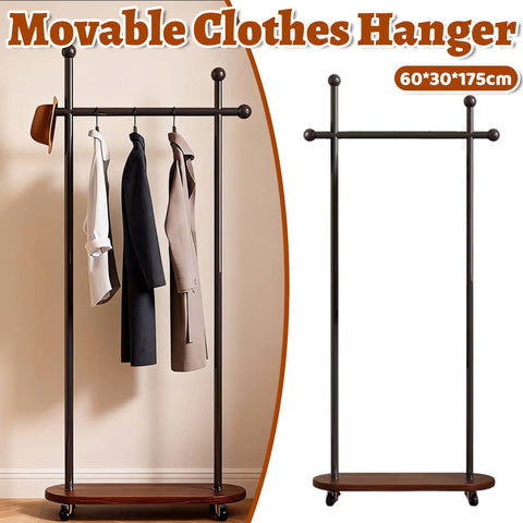 Portable Clothes Rack with Wheels, Metal T-Frame and Wood-Tone Base, 175 cm