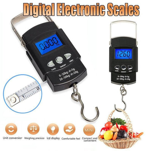Portable Digital Hanging Scale with Tape Measure and Backlit LCD - Black