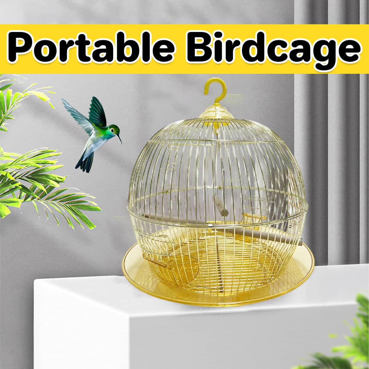 Portable Dome Bird Cage 40 cm Iron Wire with Hanging Hook and Tray for Small Birds