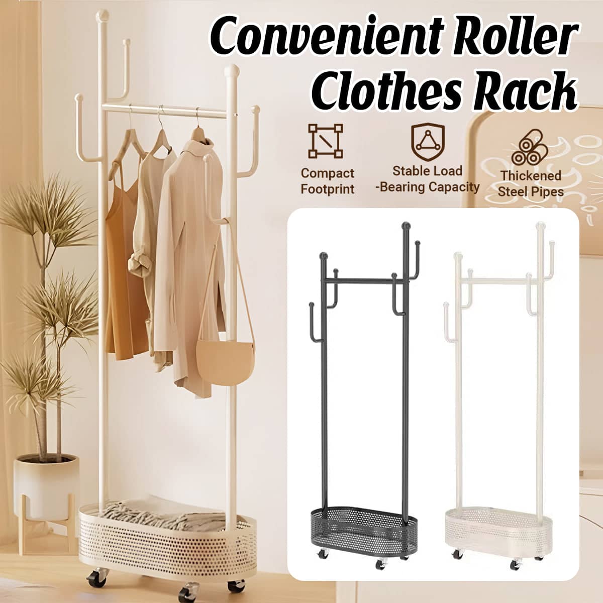 Portable Floor Standing Coat Rack with Wheels for Bedroom Clothes Storage - Black - view 2