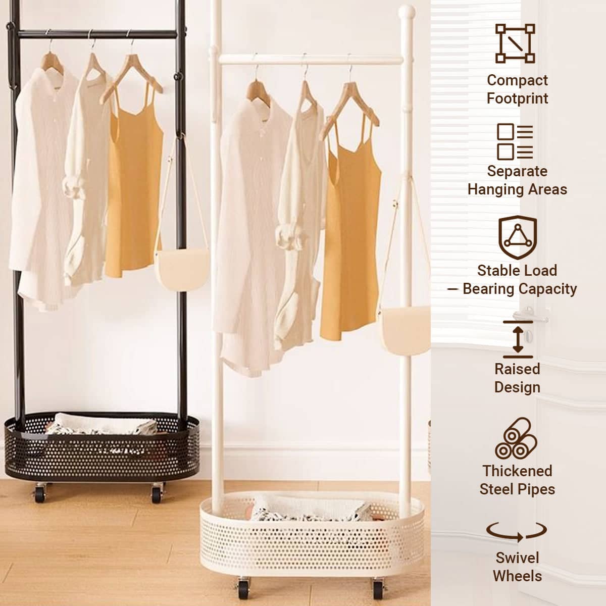 Portable Floor Standing Coat Rack with Wheels for Bedroom Clothes Storage - Black - view 5