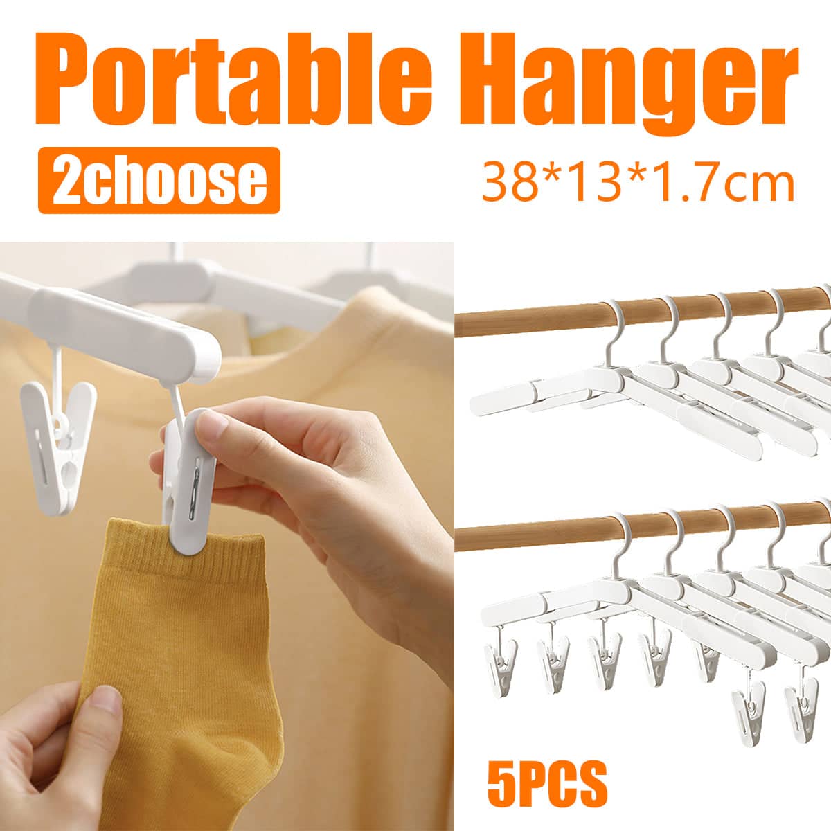 Portable Foldable Plastic Hangers, Pack of 5 - No Clothes Clip - view 2