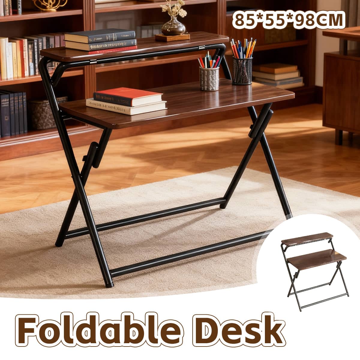 Portable Folding Desk X Shaped Stable Two Tier Desk for Home Office and Study