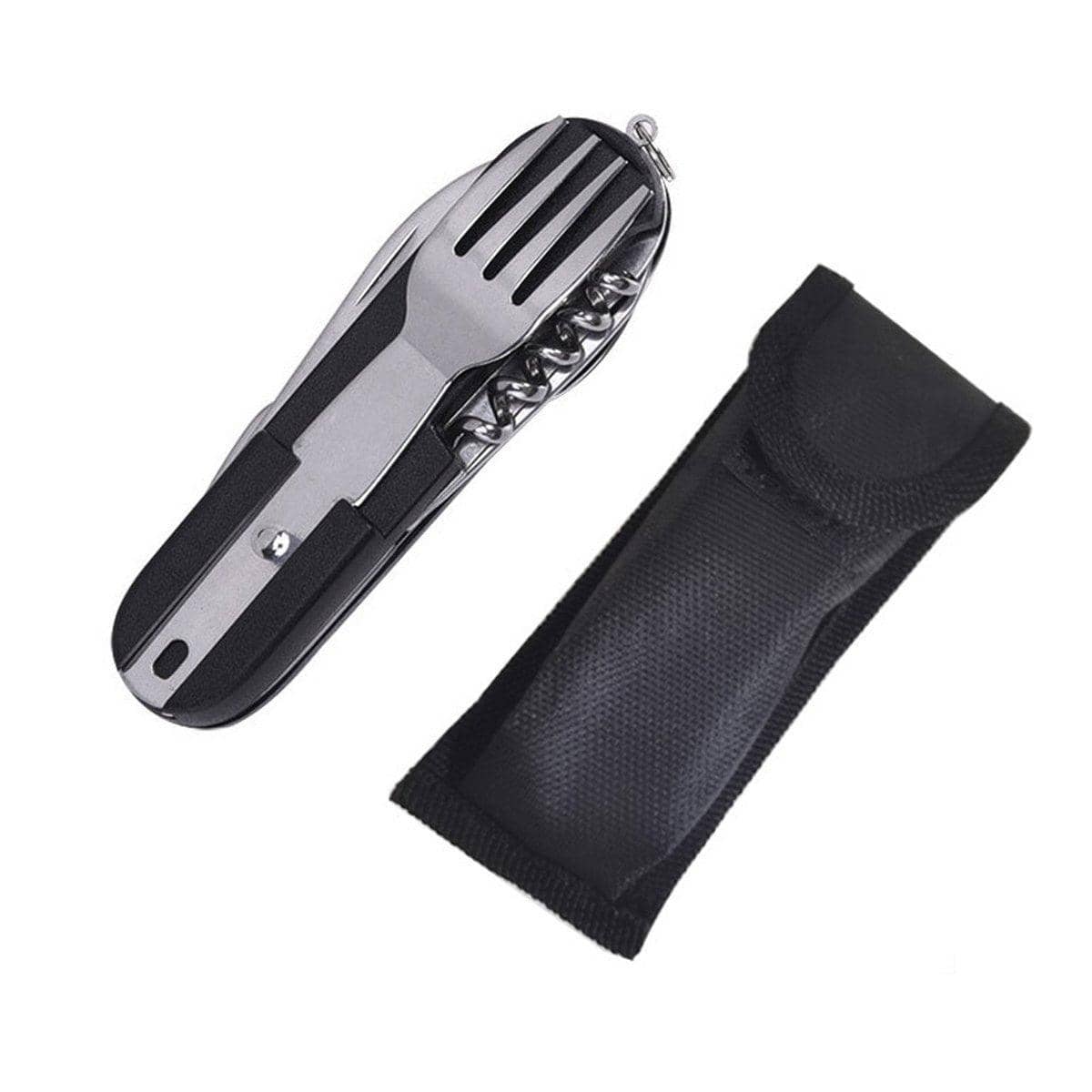 Portable Folding Knife, Fork and Spoon Set for Camping, Six Tools in One - Black
