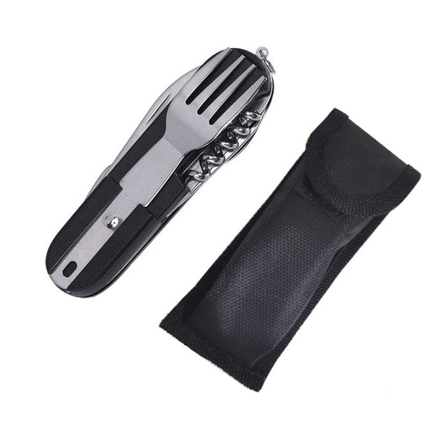 Portable Folding Knife, Fork and Spoon Set for Camping, Six Tools in One - Black