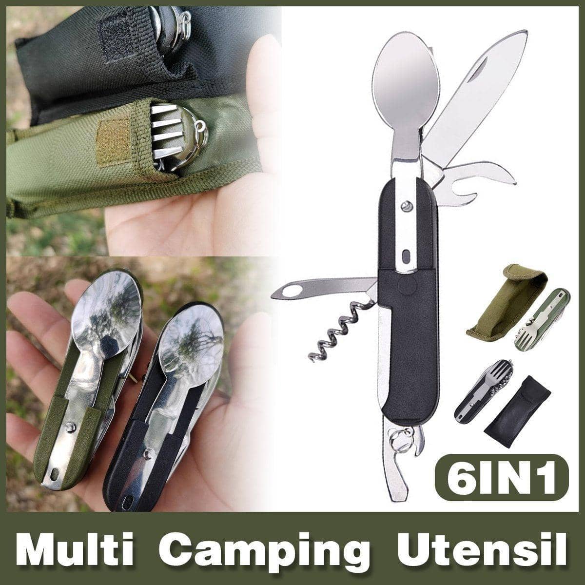 Portable Folding Knife, Fork and Spoon Set for Camping, Six Tools in One - Black - view 2